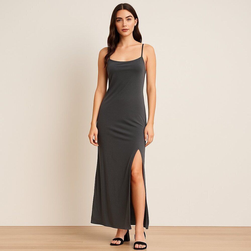 Gray Cross Back Slip Dress Maxi Side Slit Adjustable Straps Womens Medium